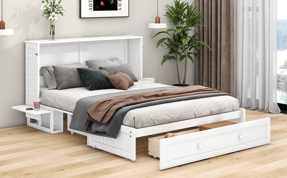 Letto a scomparsa matrimoniale 140x200 cm con cassetto e mensole; bianco