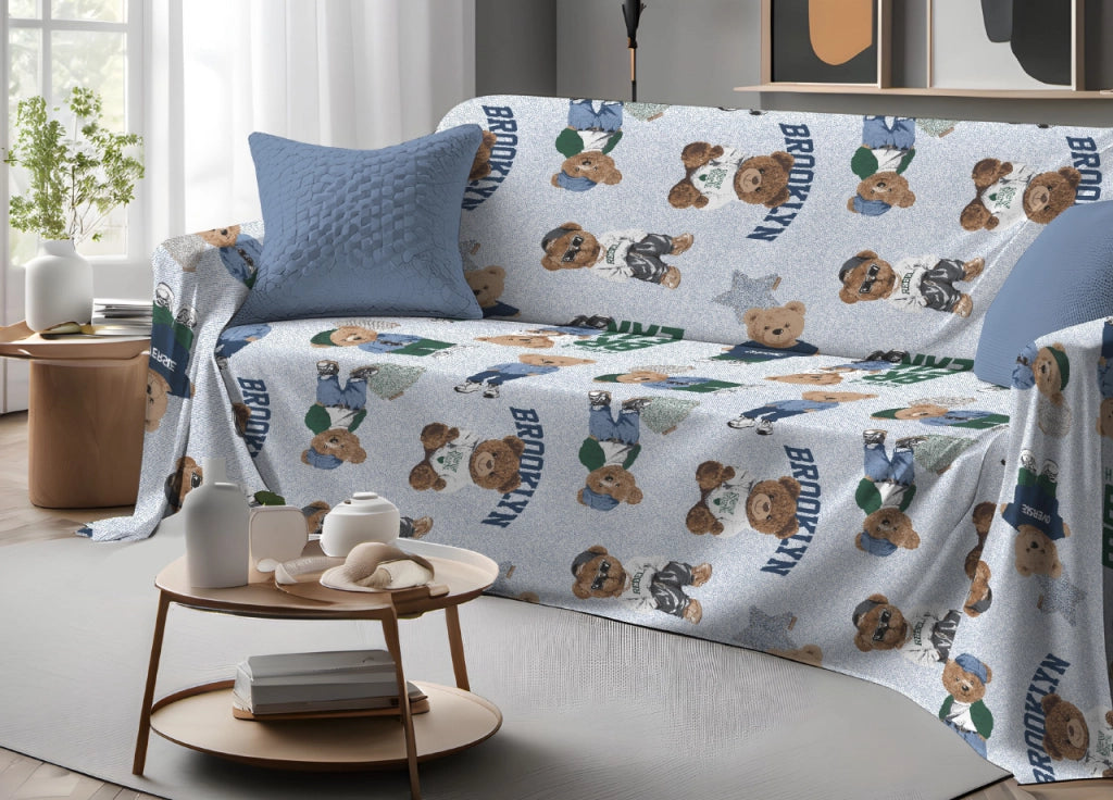 Telo Arredo Granfoulard Copritutto Salvadivano 100% Cotone Dis. Teddy - Singolo - Azzurro