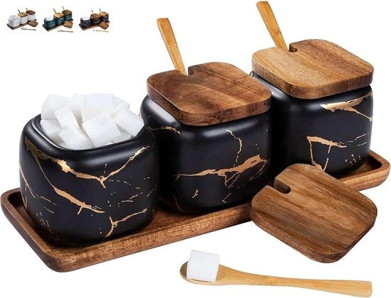 Set di 3 contenitori per erbe - ceramico - motivo di marmo nero
