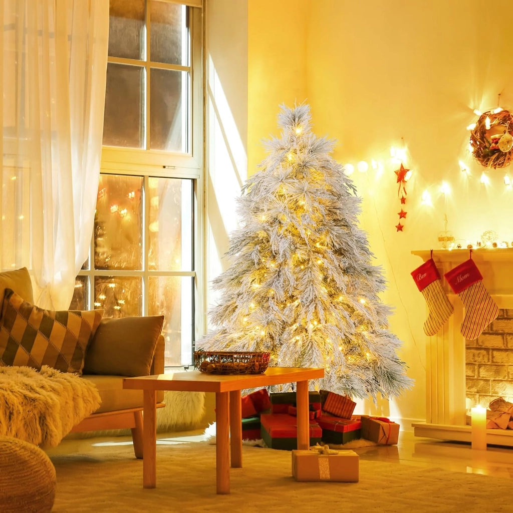 Albero di Natale Innevato 146/180 CM, Albero di Natale Artificiale Pre-Luminoso con Cerniera e 150/250 Luci LED Bianche Calde, 279/519 Punte di Ramo, Ago di Pino (146 CM)
