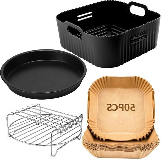Accessori per forno a microonde e friggitrice ad aria XXL per 64 l - 62 l - 6 l - 8 L - 4 pezzi accessori per friggitrice ad aria con griglia - pannello per pizza - carta da forno - stampo in silicone