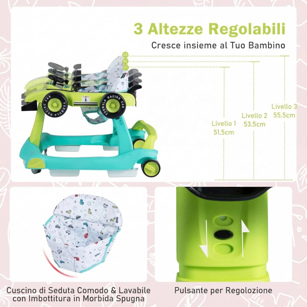 Girello per Bambini 4 in 1, Girello Pieghevole con Altezza e Velocità Regolabili, Carillon con Luci, Volante, Primi Passi per Bambini 6-18 Mesi, Portata 12 kg (Verde)