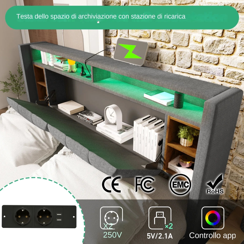 Letto matrimoniale imbottito 160x200 cm con LED; USB; presa; testiera contenitore e rete; grigio