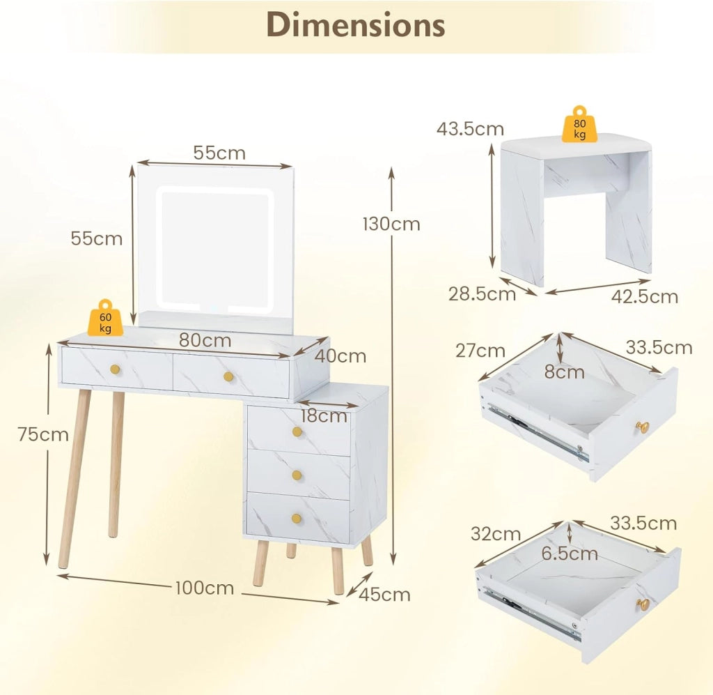Vanità con specchio, tavolo da trucco con sgabello imbottito, 5 cassetti e 3 modalità di illuminazione, finitura effetto marmo, 100 x 45 x 130 cm, scrivania moderna per camera da letto