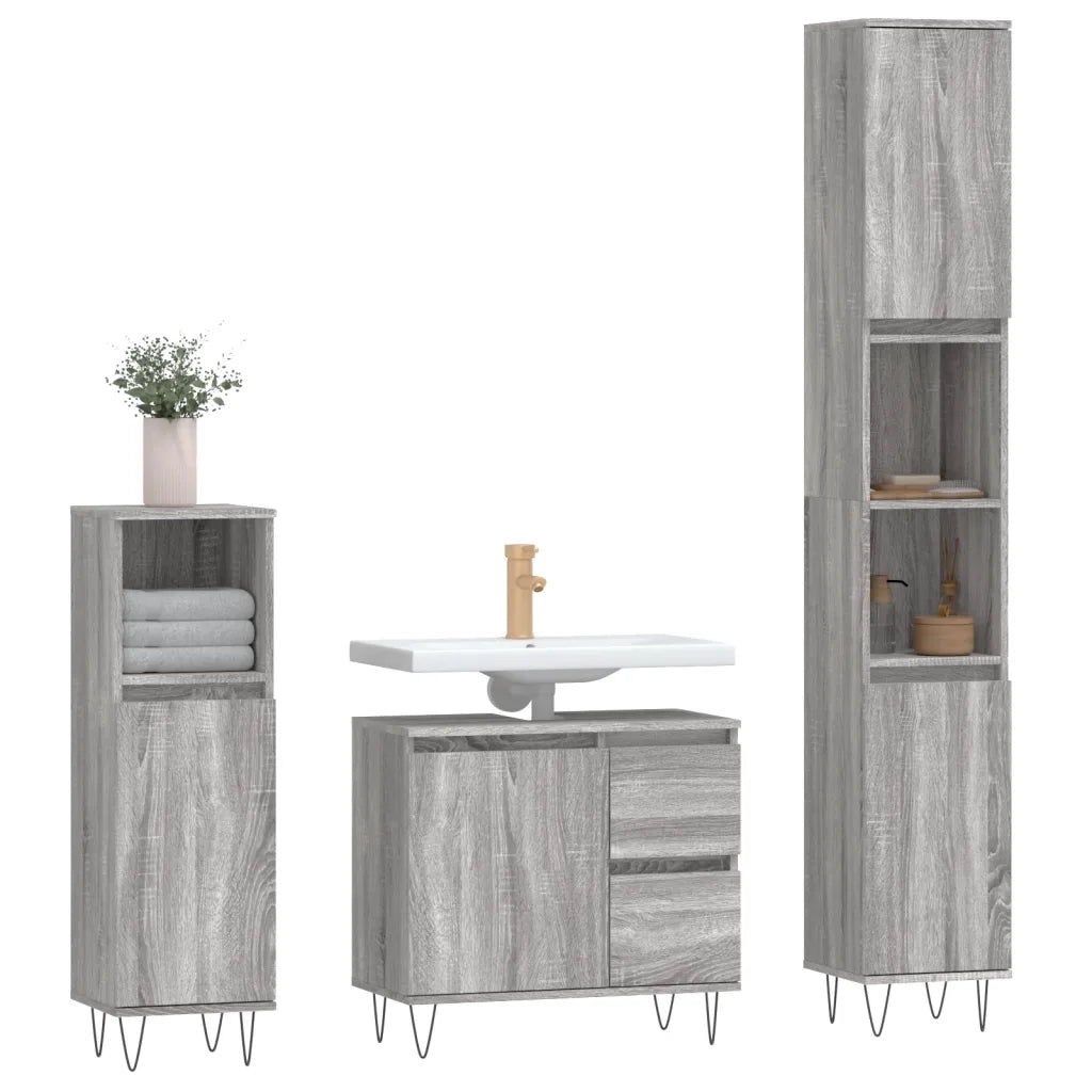 Set Mobili da Bagno 3 pz Grigio Sonoma in Legno Multistrato 3190227