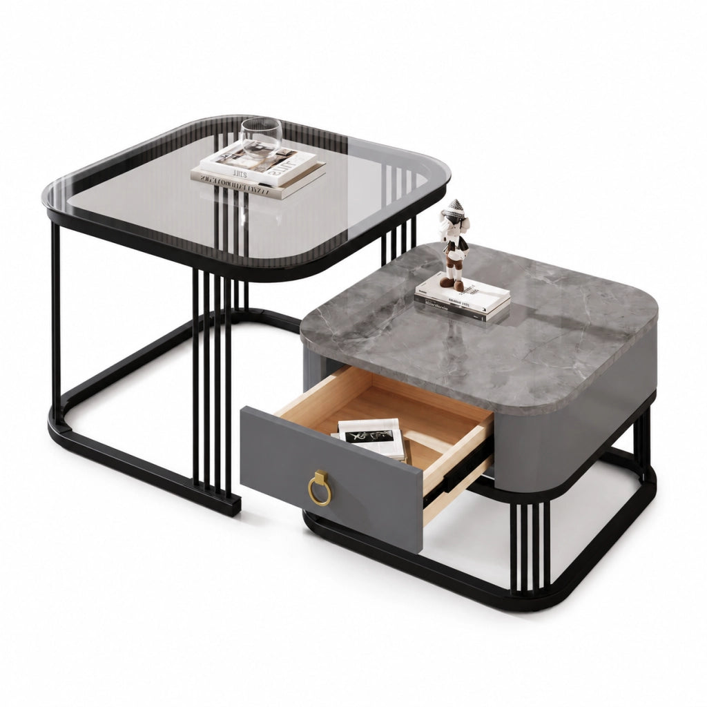 Tavolini da salotto 60x60x44.5 cm e 50x50x34.5 cm; design modulare con cassetti; MDF; nero