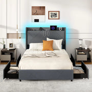 Letto Matrimoniale 140 x 200 cm, Letto Imbottito con Testiera, Luci LED, Stazione di Ricarica, 2 Tasche e 4 Cassetti, Carico 500kg, Silenzioso