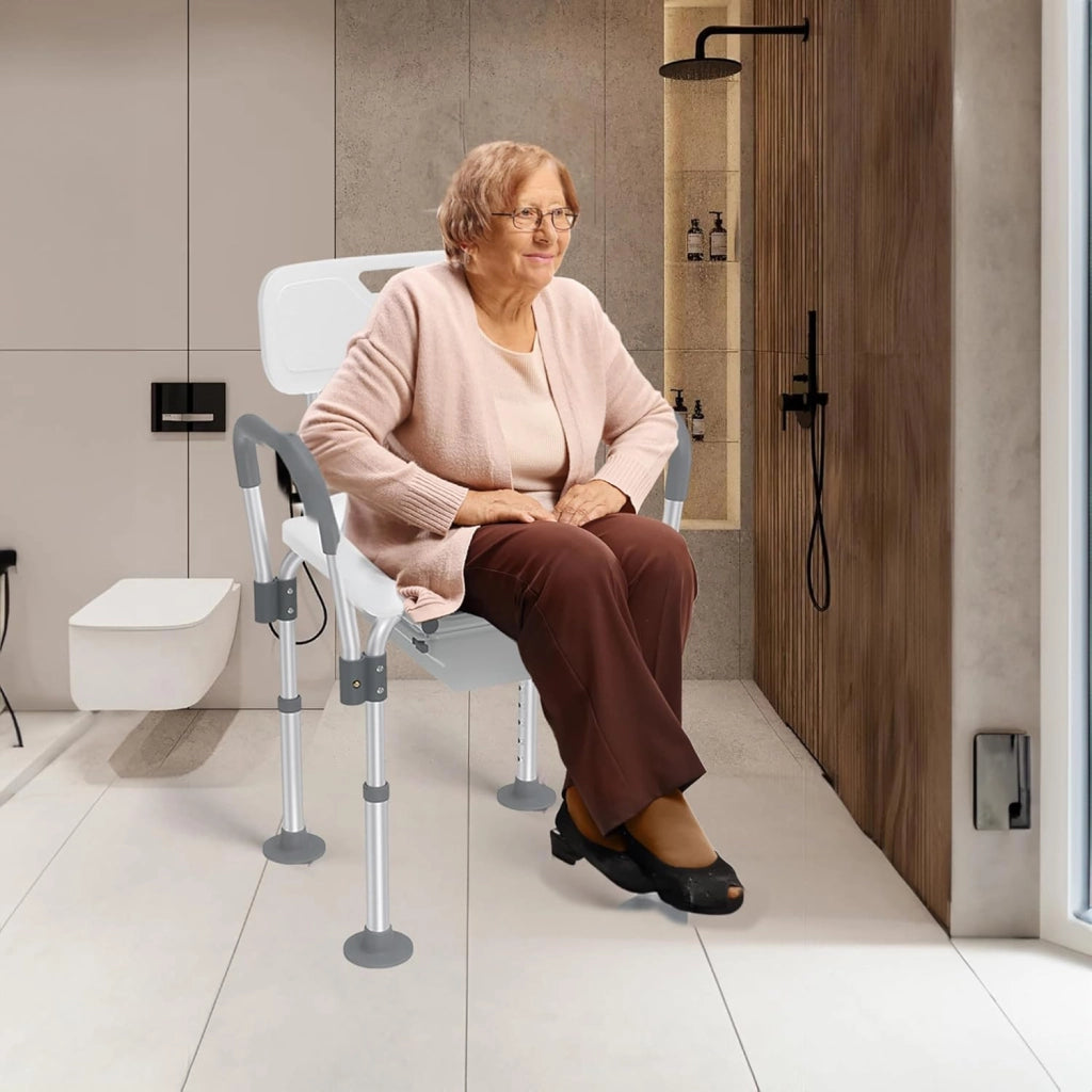 Sedia WC da doccia regolabile in altezza 2 in 1, sgabello da bagno con secchio, braccioli e schienale, per adulti e anziani