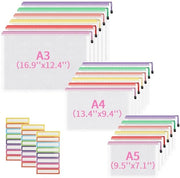 Documenti A3+A4+A5, 18 pezzi, 3 misure, sacchetto in plastica mesh impermeabile con cerniera, sacchetto in plastica mesh, sacchetti in plastica mesh per documenti per scuola, ufficio, viaggi (6 colori)