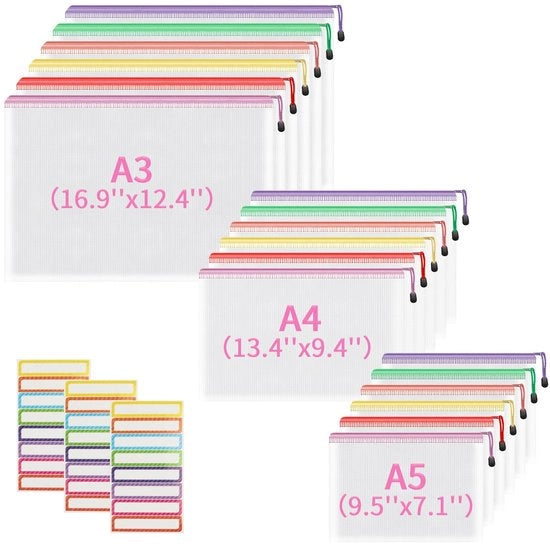 Documenti A3+A4+A5, 18 pezzi, 3 misure, sacchetto in plastica mesh impermeabile con cerniera, sacchetto in plastica mesh, sacchetti in plastica mesh per documenti per scuola, ufficio, viaggi (6 colori)