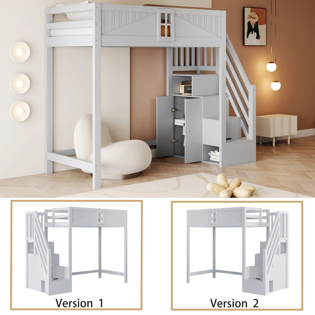 OKWISH Letto a Soppalco 90×200 cm, Letto Singolo con Sponde di Sicurezza, Scala Reversibile e Ripiani Laterali, senza Materasso, Grigio