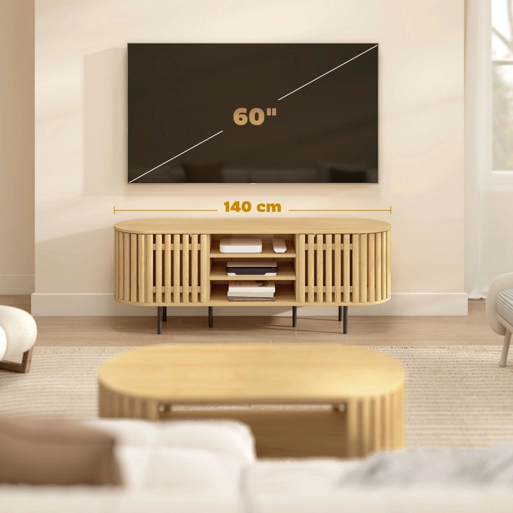 Mobile TV per TV 60 pollici con ante a listelli ¨C Minimal ¨C 140x40x52 cm legno naturale