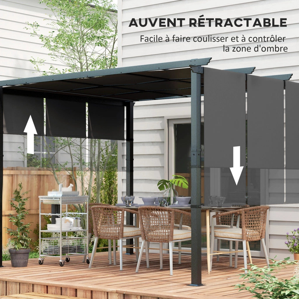 Pergola con 3 teli scorrevoli ¨C zephmum ¨C struttura in acciaio nero, telo in polyester grigio scuro, 3.5x3x2.35 m