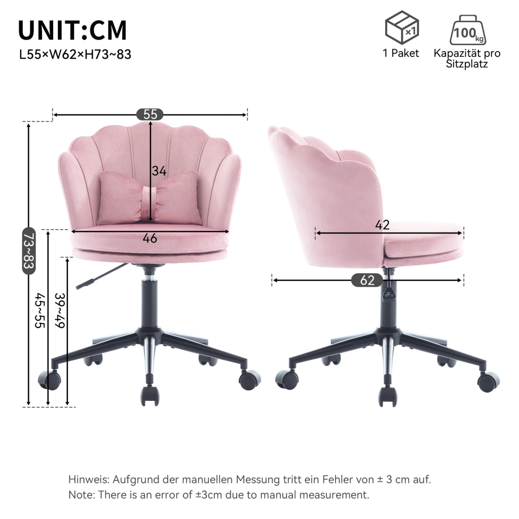 Sedia da ufficio girevole regolabile in altezza con cuscino lombare e seduta imbottita in velluto rosa
