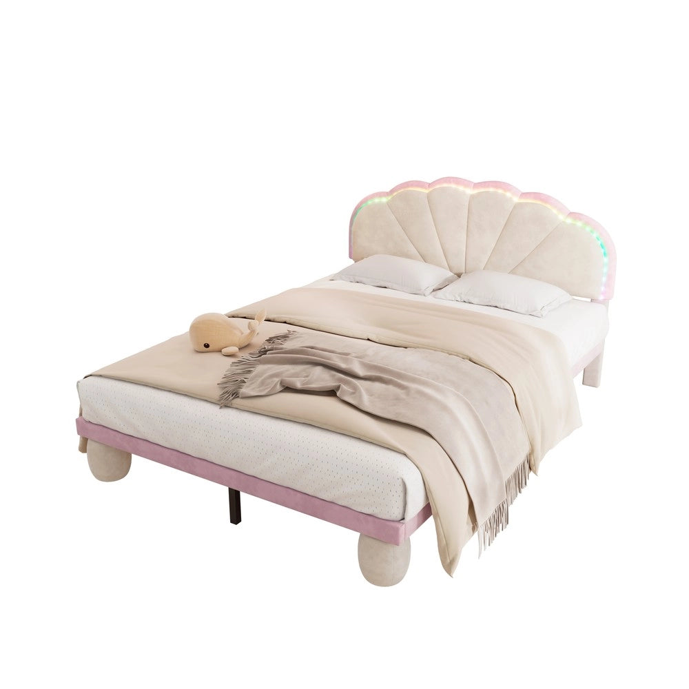 Letto Imbottito con LED Baldacchino ¨C MINIMAL ¨C Velluto Beige Rosa 140x200