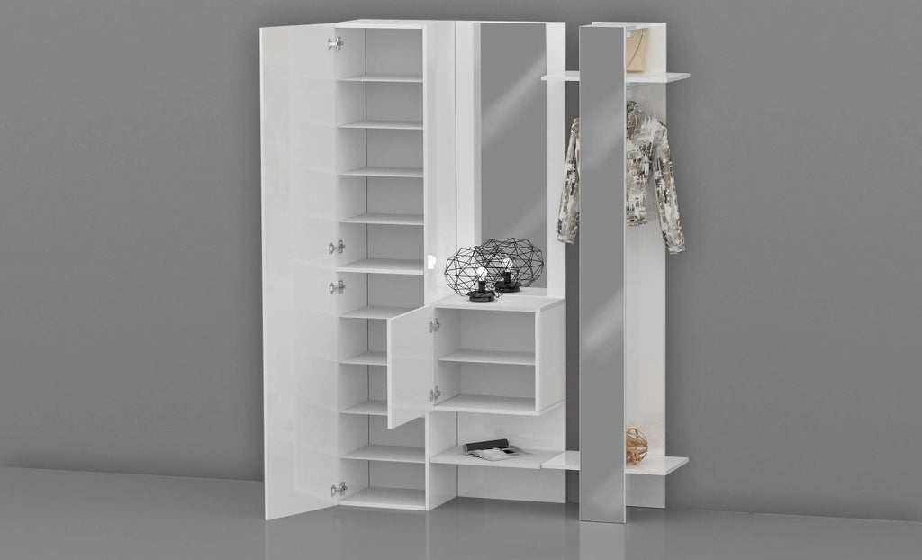 Mobile Ingresso Appendiabiti e 2 Specchi 140x35x191 cm Kompact Bianco Lucido