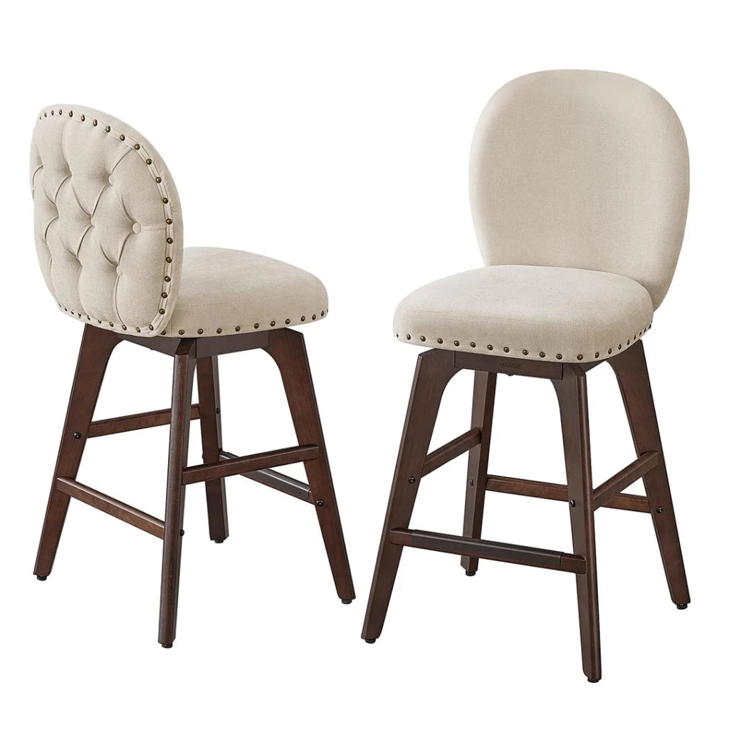 Set di 2 sgabelli da bar girevoli con schienale e gambe in legno seduta in tessuto ciniglia altezza seduta 665 cm per isola cucina beige 12_0007988