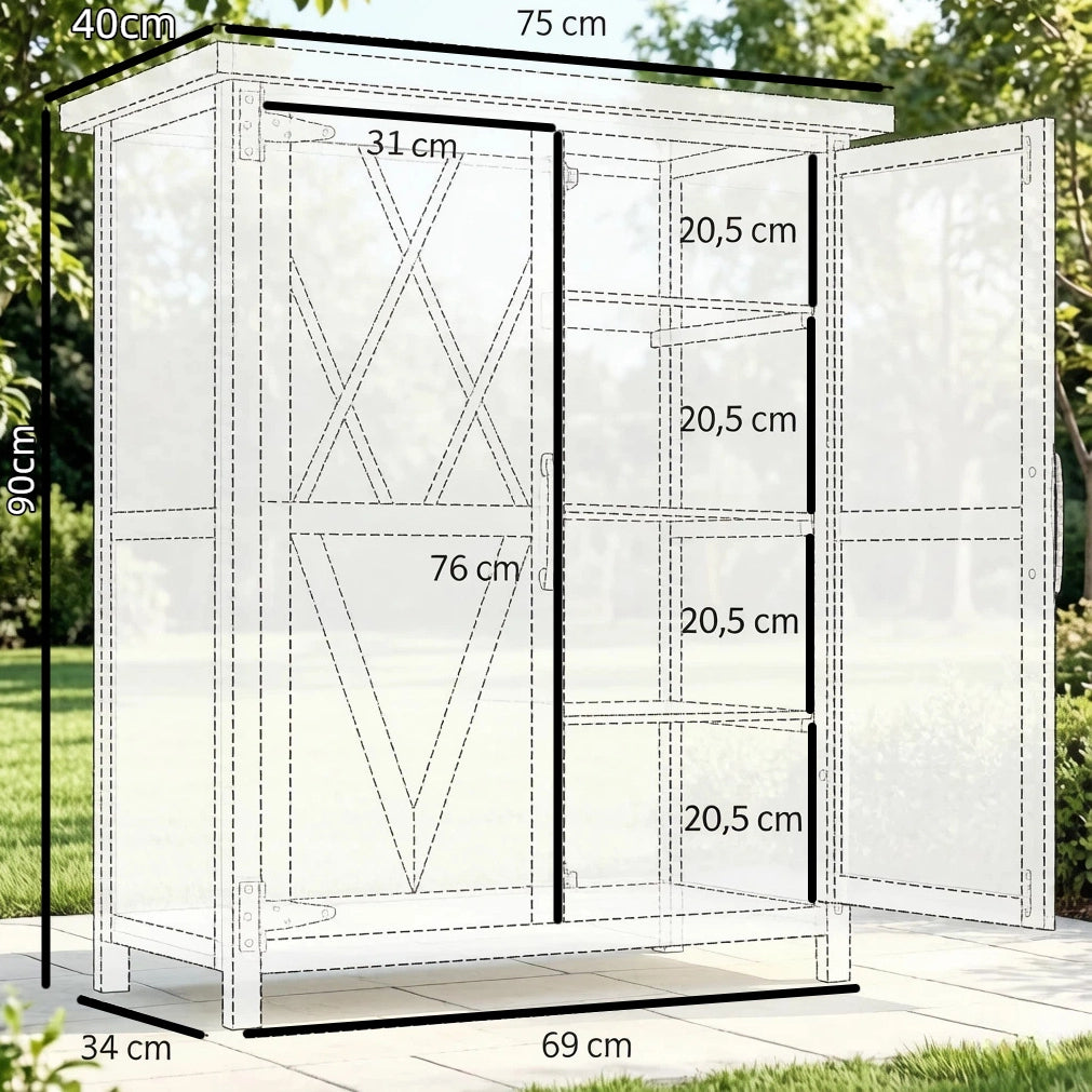 Armadio da giardino in legno di abete giallo con 2 ante e 3 ripiani; 75 x 40 x 90 cm