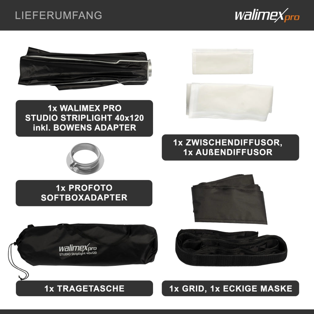 Studio Striplight Softbox 40x120cm + adattatore softbox per Profoto (diametro esterno: 15,2 cm), ruotabile a 360°, inclusa griglia, maschera, adattatore Bowens e borsa per il trasporto