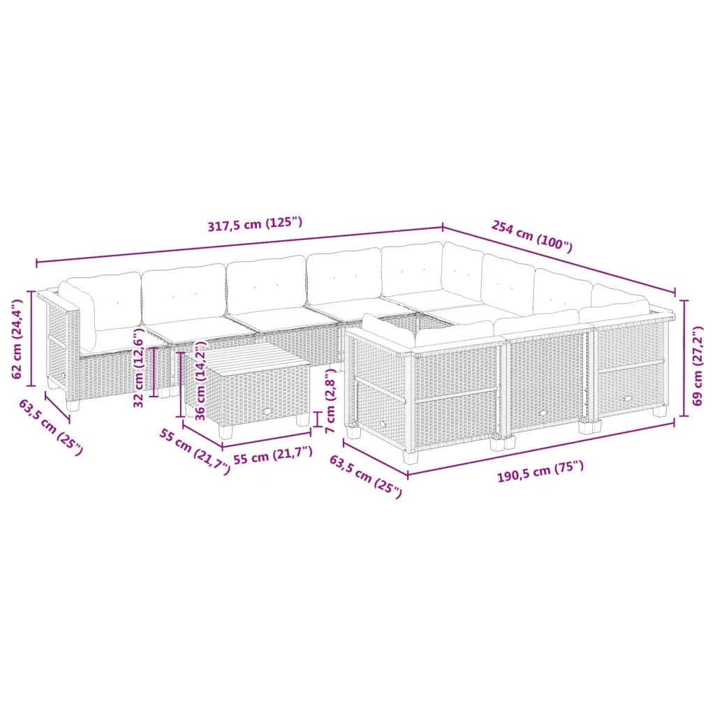 Set Divani da Giardino 11 pz con Cuscini in Polyrattan Grigio