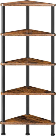 Hoekplank a 5 livelli, angolo di ripristino industriale, scaffale a muro, libreria, libreria angolare per la presentazione di piante e fiori, scaffale per spazi ristretti, scaffale vintage marrone scuro