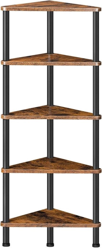 Hoekplank a 5 livelli, angolo di ripristino industriale, scaffale a muro, libreria, libreria angolare per la presentazione di piante e fiori, scaffale per spazi ristretti, scaffale vintage marrone scuro