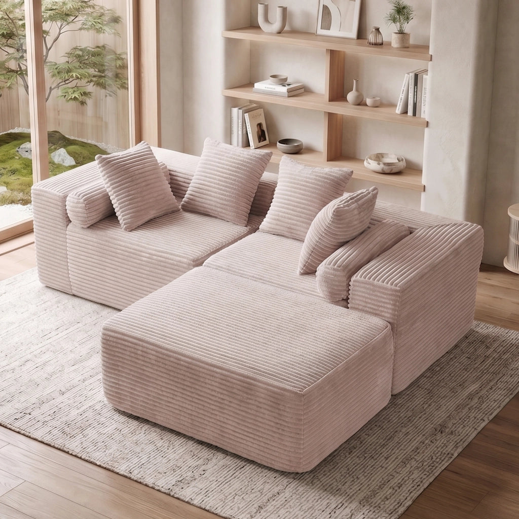 Divano modulare angolare con chaise longue senza montaggio e seduta morbida in schiuma e molle beige per soggiorno