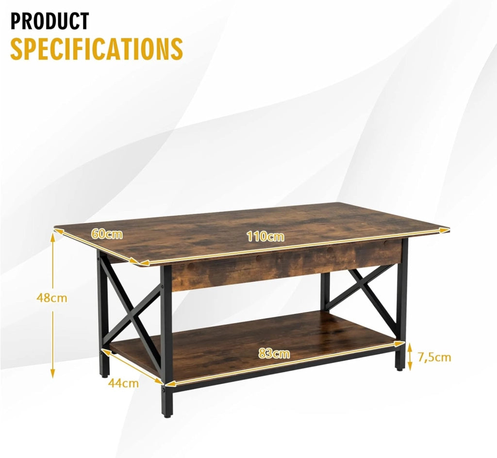 Tavolino a 2 Livelli a Forma di X, Tavolo da Caffè in Stile Industriale, Moderno per Soggiorno, Ufficio, Camera da Letto, Gambe Regolabili, 110x60x48cm, 2 Colori