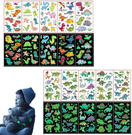 Tatuaggi temporanei per bambini - 10 stelle - Tema dinosauro - Illuminanti al buio - Impermeabili - Idonei per la pelle