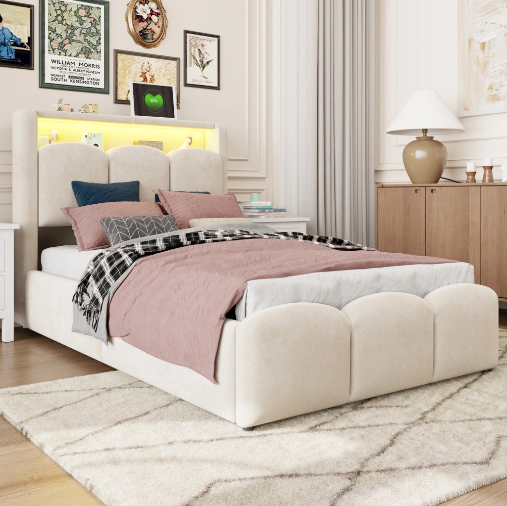 Letto imbottito 90x200 cm in tessuto effetto velluto beige con LED; USB e vano contenitore