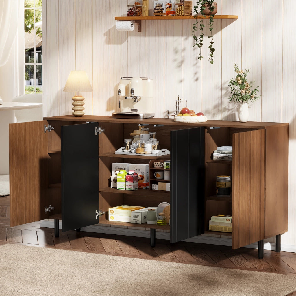 Buffet 160 ¡Á 35 ¡Á 80 cm in truciolare, finitura noce e nero, con 4 ante, ripiani regolabili e portata max 80 kg