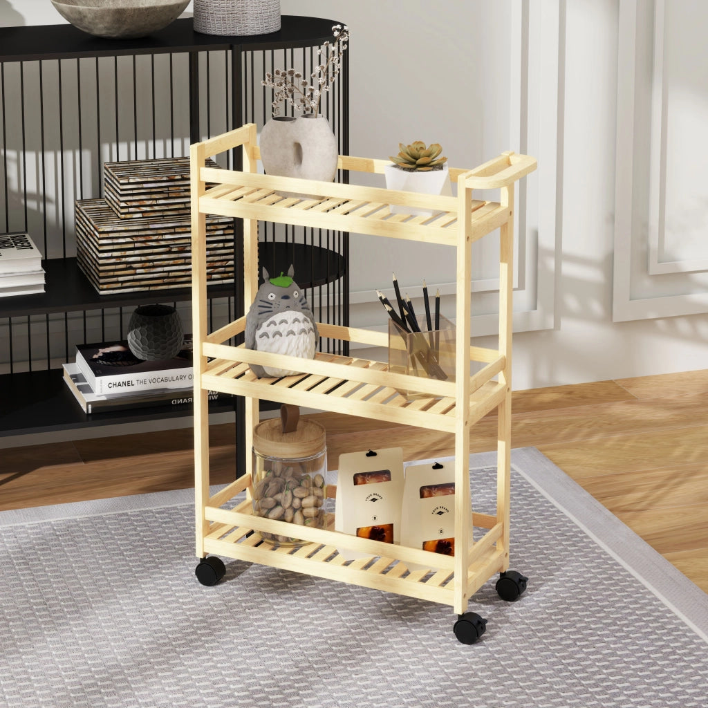 CARRELLO Portavivande 3 ripiani 55x20x75 cm in bambù color legno naturale con ruote