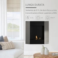 Camino Bioetanolo da Parete con Serbatoio da 0.7L e Copertura 20m², Acciaio, 72x11x72cm, Argento e Nero