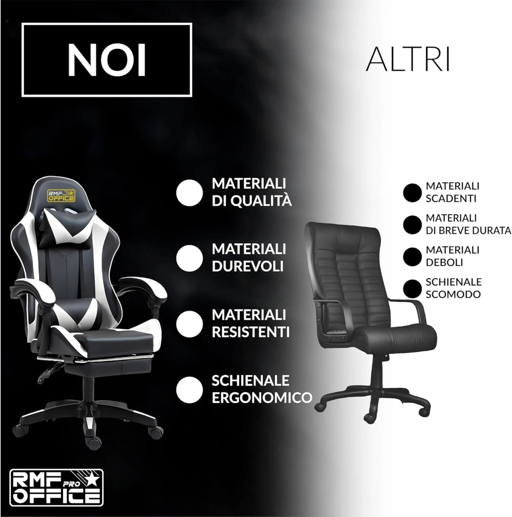 RMF Sedia Gaming Professionale Ergonomica Reclinabile, Poltrona Gaming Seduta Comoda e Rilassante con Poggiapiedi - Sedia per Gamer con Ruote Girevoli, Altezza Regolabile (Bianca-Nero)