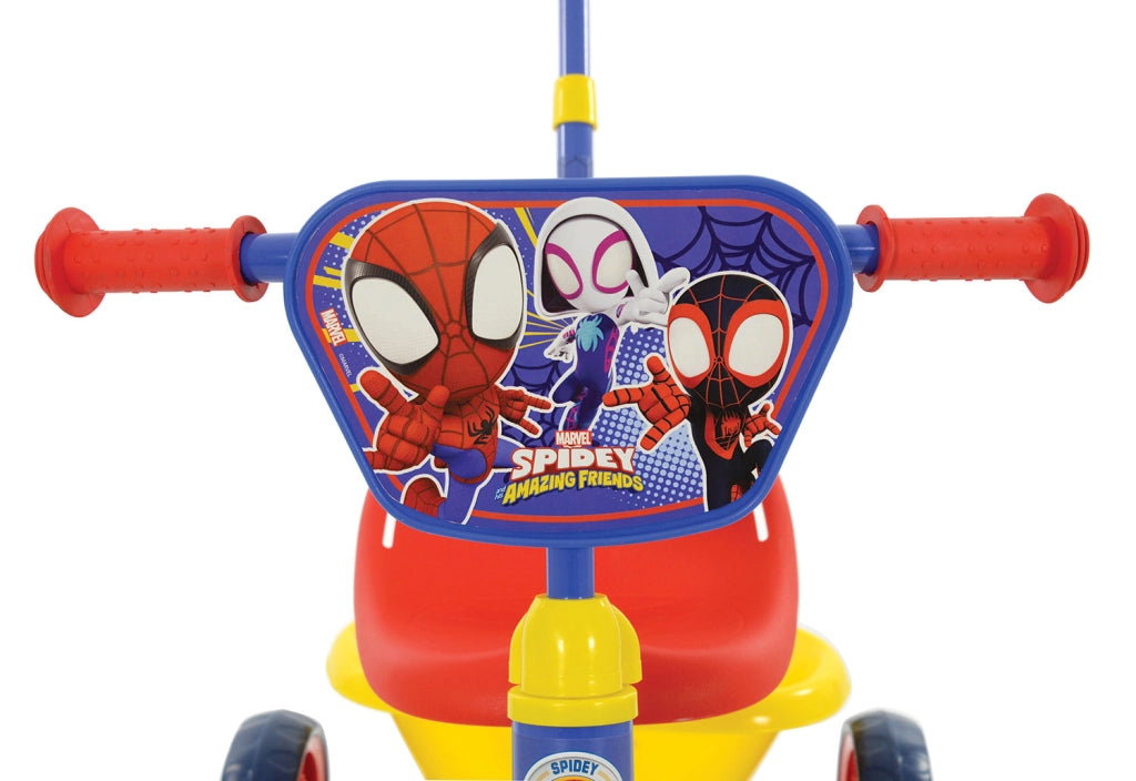 Triciclo a Pedali Primi Passi per Bambini con Maniglione Genitoriale Rimovibile e Vano Contenitore Marvel Spidey Blu