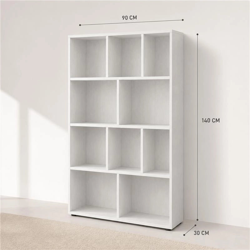 LIBRERIA MODERNA IN LEGNO BIANCO CON 10 RIPIANI SFALSATI DIMENSIONI 90X30X140 CM