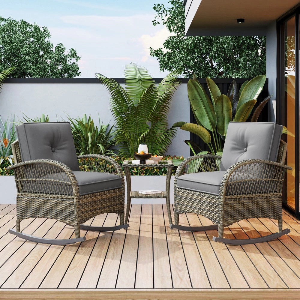 Set balcone 3 pezzi in rattan ¨C Minimal ¨C cuscini grigi, capacit¨¤ di carico 160 kg