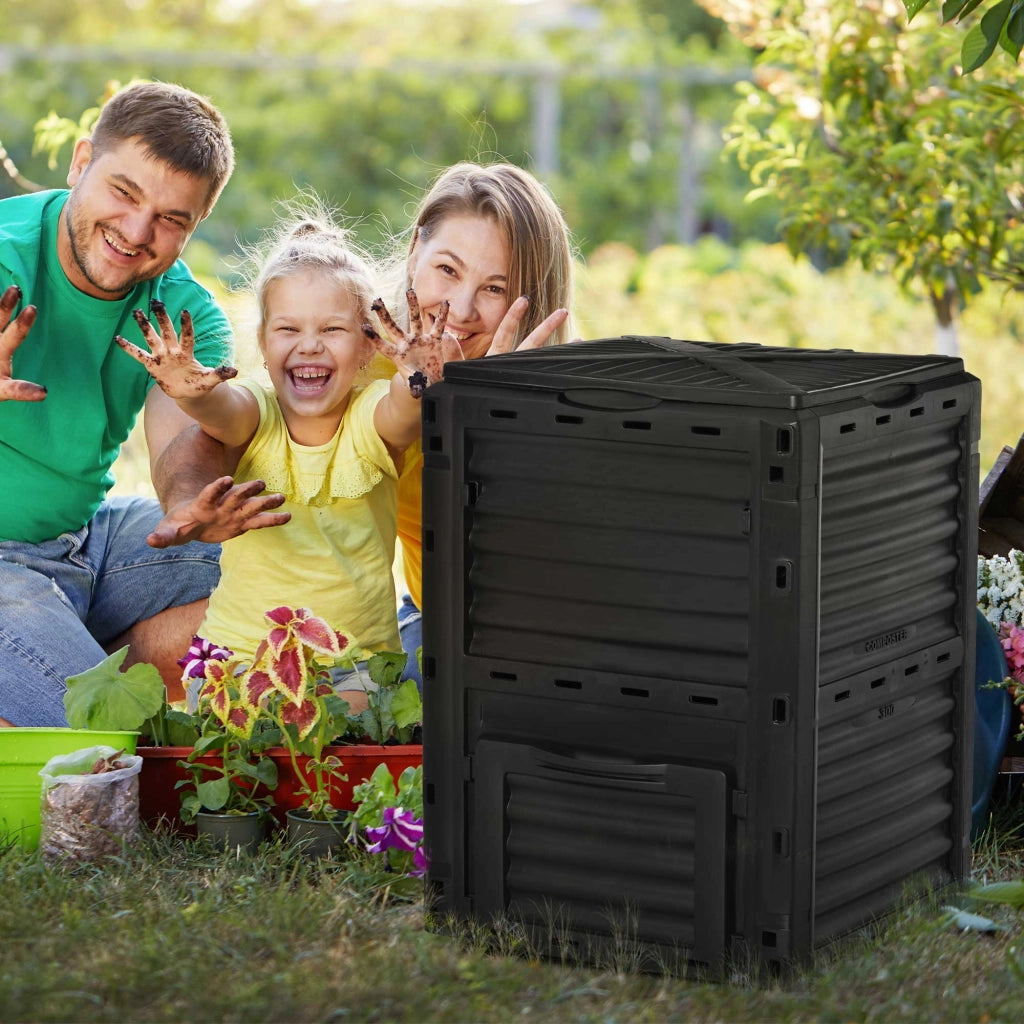 EasyComfort Compostiera da Giardino, Compostiera Domestica da 300L in Plastica Nera, Bidone per Compost con Coperchio a Incastro