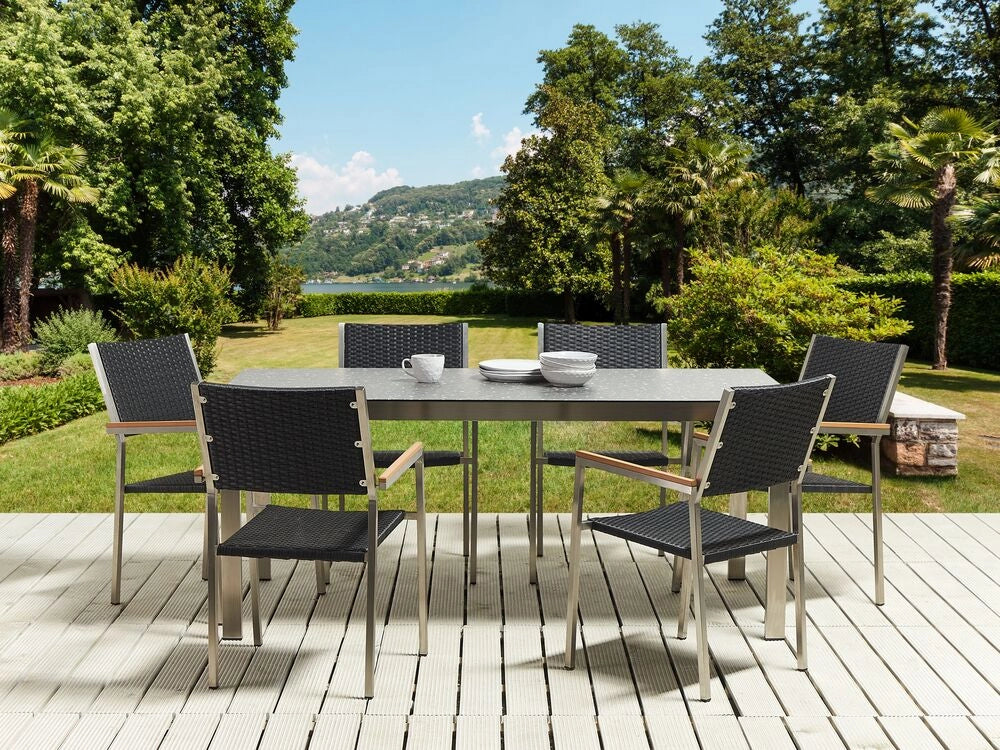Set da giardino con 6 posti in acciaio inox con tavolo piano con effetto granito e sedie in rattan nero set esterno moderno