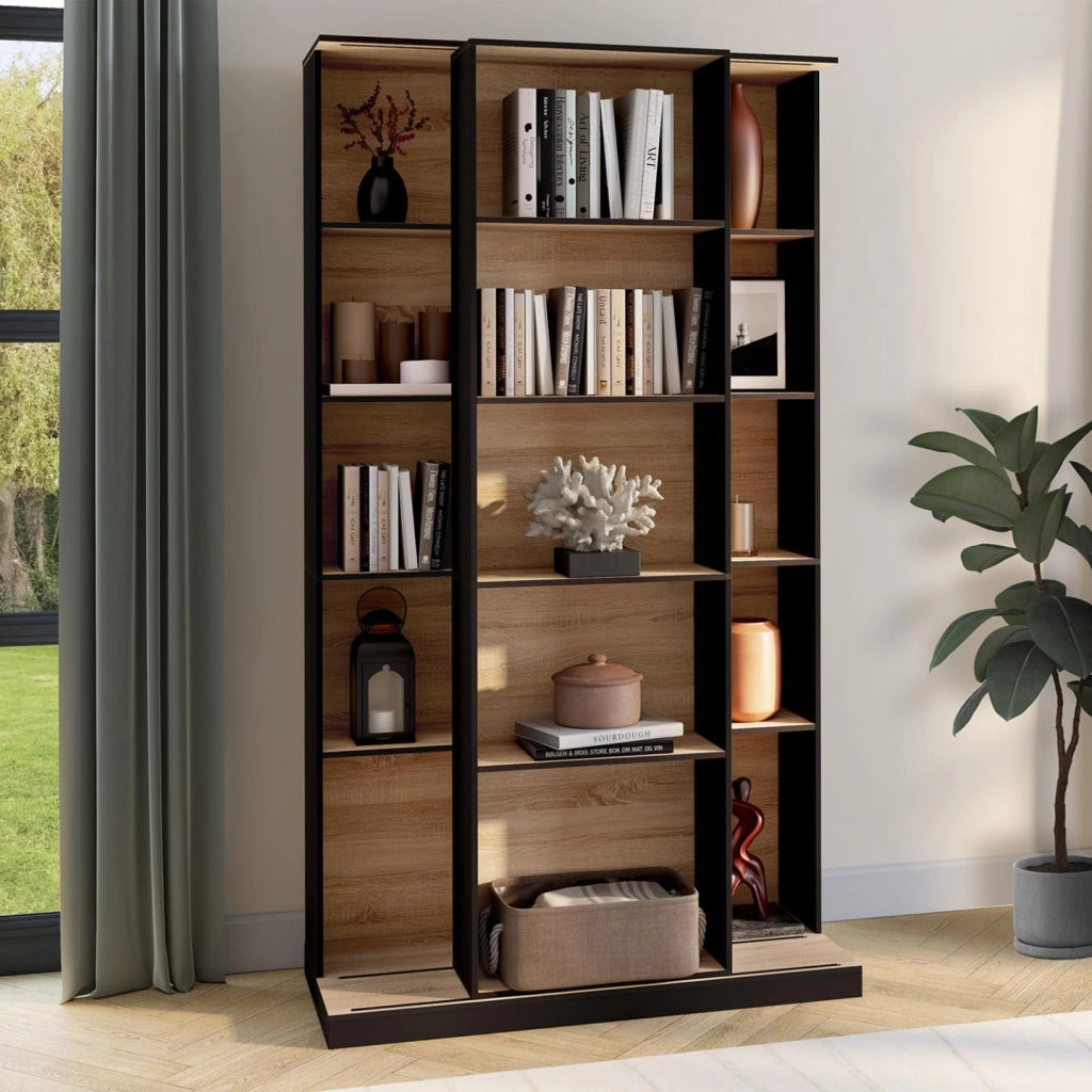 ALPHONSE Libreria scorrevole in legno e nero a 5 livelli e 15 nicchie