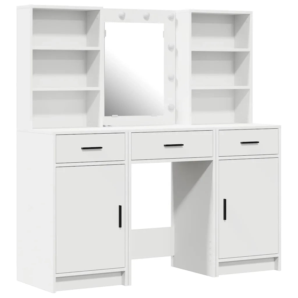 Set da Toeletta | Tavolo da Trucco con LED 3 pz Bianco Legno multistrato