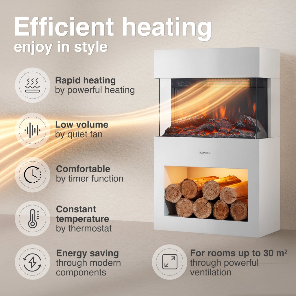 KAMINIO Camino elettrico HENRI - Stufa elettrica con riscaldamento, effetto fiamma 3D, luce ambiente a LED, scomparto de legno, telecomando - Bianco