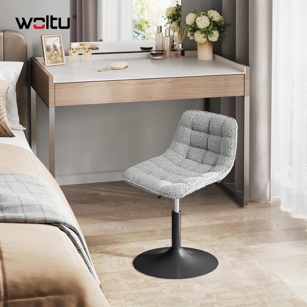 Sgabello per Toeletta Trucco, Sedia da Trucco con Schienale Regolabile in Altezza, Seduta in Ciniglia, Base Metallo, per Cucina, Camera da Letto, Grigio, BH408gr-1