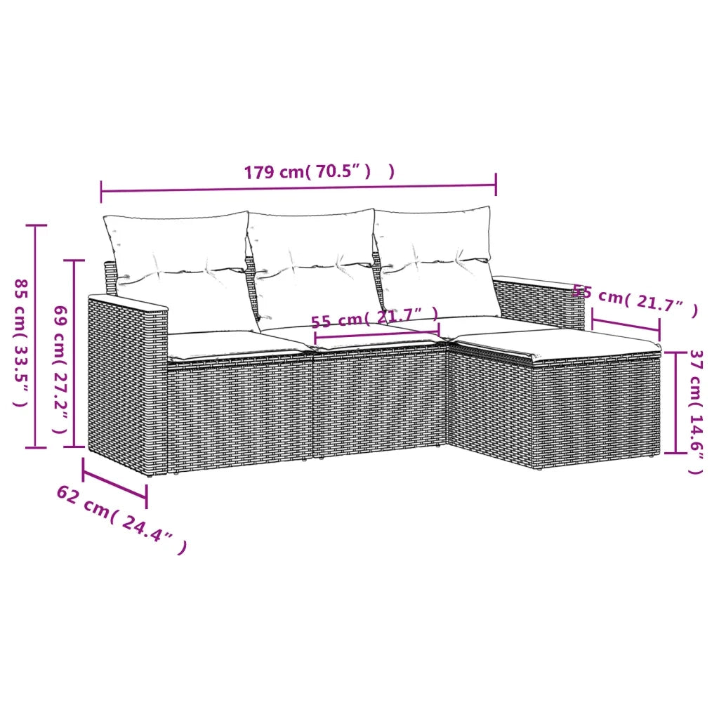 Set Divano da Giardino 4 pz con Cuscini Beige in Polyrattan