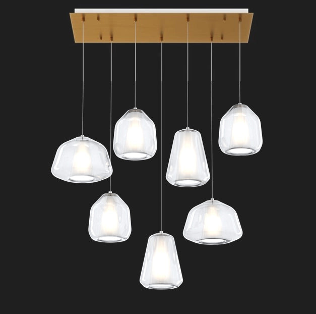 SOSPENSIONE OTTONE SAT. 7 LUCI RETTANGOLARE VETRI 2X ALPHA + 3X BETA + 2X GAMMA TRASPARENTI 1176OS-S7 R ABG-TR