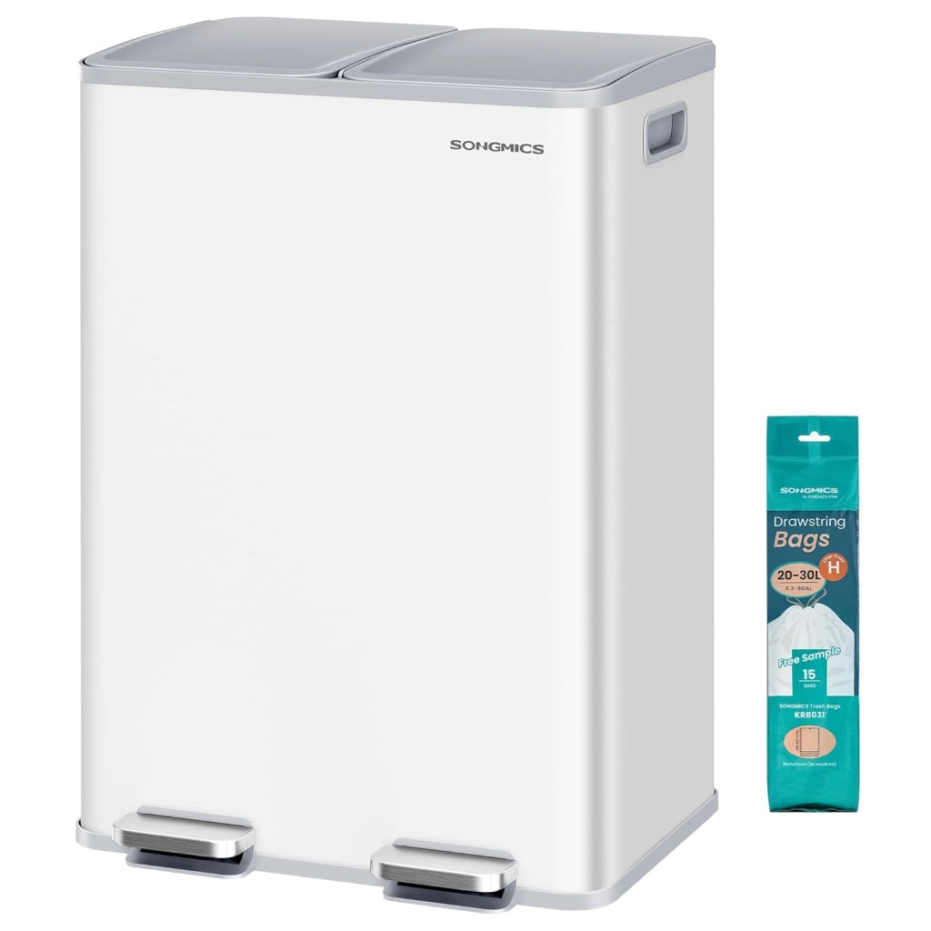 SONGMICS Cestino da Cucina, 2 x 30 L, 2 Scomparti, Pattumiera a Pedale con Coperchio a Chiusura Morbida e Secchio Interno, Acciaio Inossidabile, 15 Sacchi Inclusi, Grigio Ardesia LTB741G01