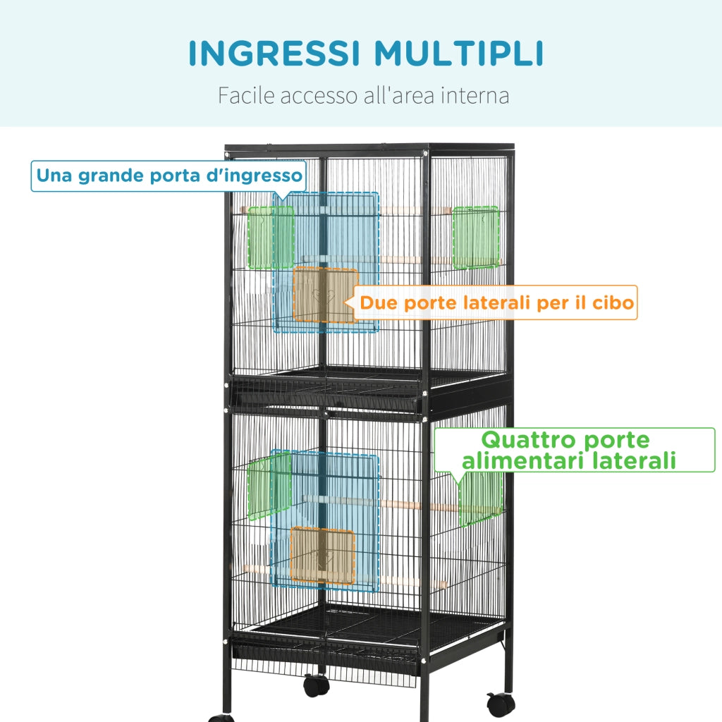 Gabbia Voliera per Uccelli Interni con Ruote e Vassoi ¨C zephmum ¨C Nero, Metallo, 51.5x50x140 cm