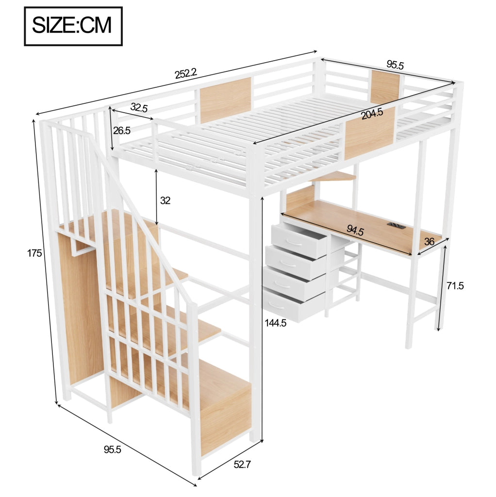 Letto a soppalco 90x200 con scrivania, ripiani, appendiabiti e LED