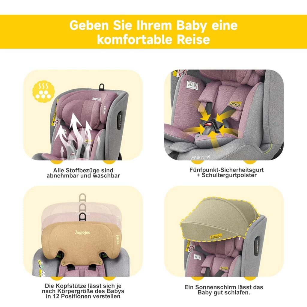 Seggiolino auto per bambini girevole 360 gradi con ISOFIX e reclinazione, cappottina removibile in tessuto rosa grigio