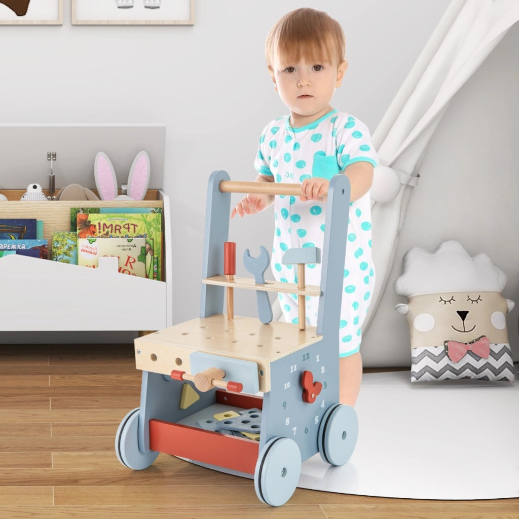 Carrello primi passi per bambini di legno, Camminatore per bambini e giocattoli multifunzione con attrezzi 30x30x47cm